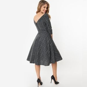 NWOT Rare Unique Vintage Retro Grey Windowpane Devon Swing Dress